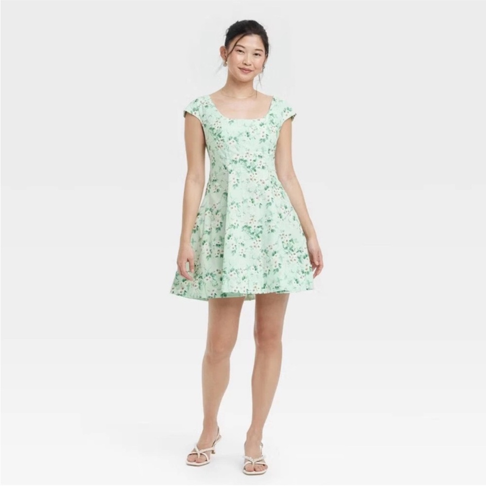 A NEW DAY NWT corset woven mini a line floral dress -green -10